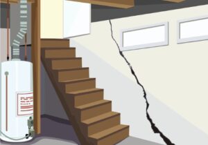 A basement with a cracked foundation, needing foundation repair in Peoria IL
