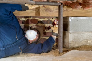 A tech performs work in a crawl space. K-Mag Basement Solutions performs Crawl Space Encapsulation in East Peoria IL.