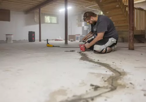 A man helping repair a basement's foundation during basement waterproofing in Peoria IL